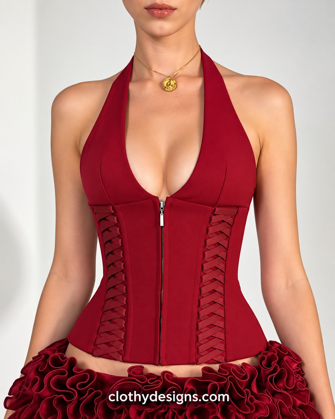 Women’s Halter V-Neck Crop Top – Backless Sleeveless Festival & Clubwear Top with Zipper Detail